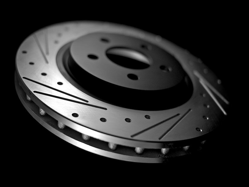 track: dimpled and slotted performance rotors. race rotors with double slotting and dimpling